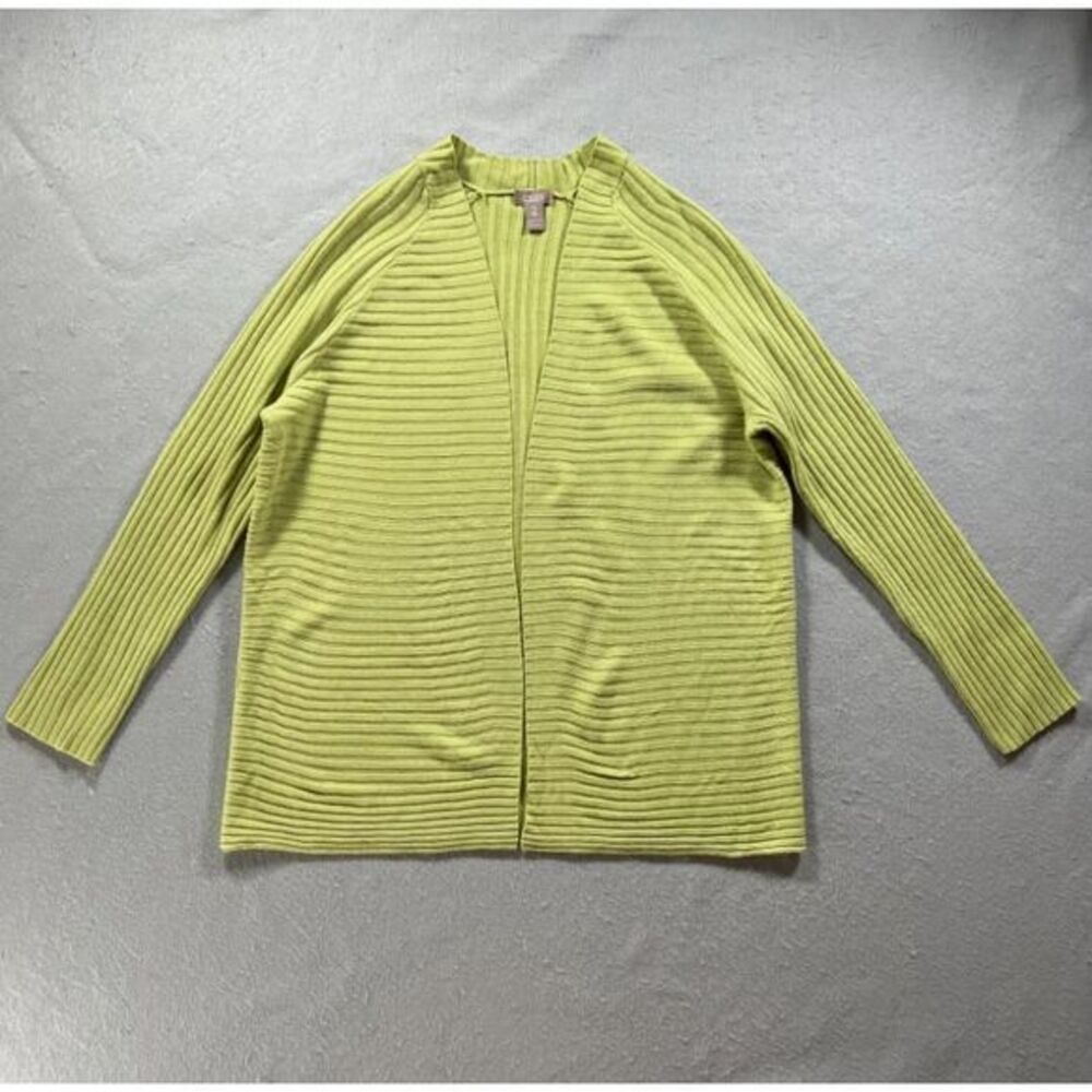 Chico's Size 2 L/12 Sweater Womens Green Open Front Ribbed Acrylic Cozy Office